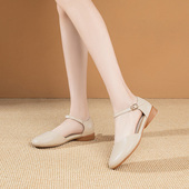 新款 中空单鞋 包头凉鞋 鞋 平底鞋 一字扣大码 女真皮四季 圆头罗马鞋 子