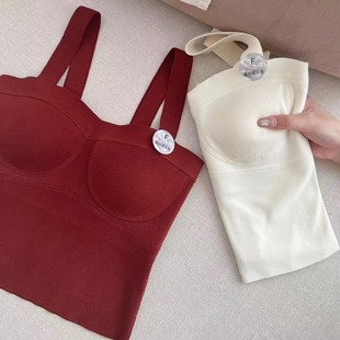 2201秋冬磨毛女背心保暖上衣带胸垫免穿内衣桑蚕丝修身 无痕背心女