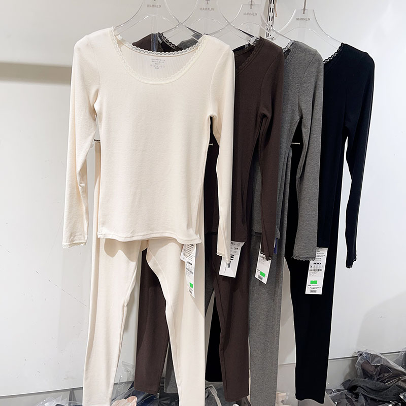 新品冬季磨毛绒自发热圆领蕾丝边保暖内衣套装修身显瘦秋衣秋裤女