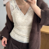 2025秋冬新品 内搭 打底衫 羊绒蛋白蕾丝法式 V领发热保暖背心女修身