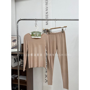 秋冬新款椰油羊绒磨毛发热保暖内衣套装圆领长袖秋衣秋裤打底衫女