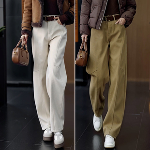 显瘦阔腿裤 米白色弯刀牛仔裤 窄版 高腰宽松休闲直筒裤 子女春秋新款