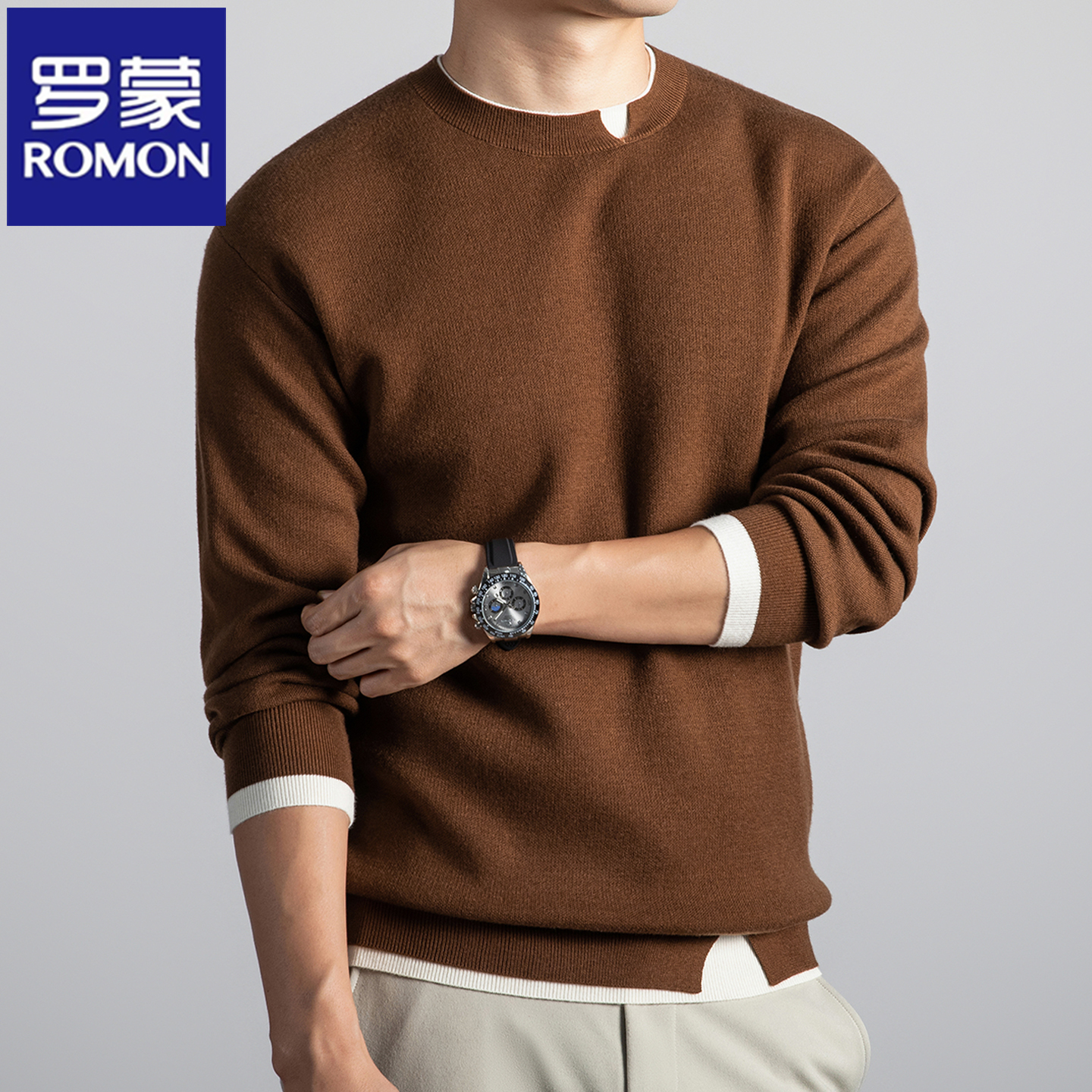罗蒙专柜正品100%纯羊毛衫男士圆领秋冬假两件毛衣休闲针织打底衫
