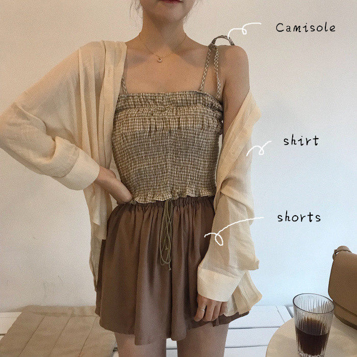 夏装ins时尚显瘦格子外穿背心内搭小吊带+防晒衫+抽绳高腰短裤女|ruв категории Женская одежда, жилет подтяжки - от Buy2taobao.com для оказания профессиональной услуги покупки агента Taobao
