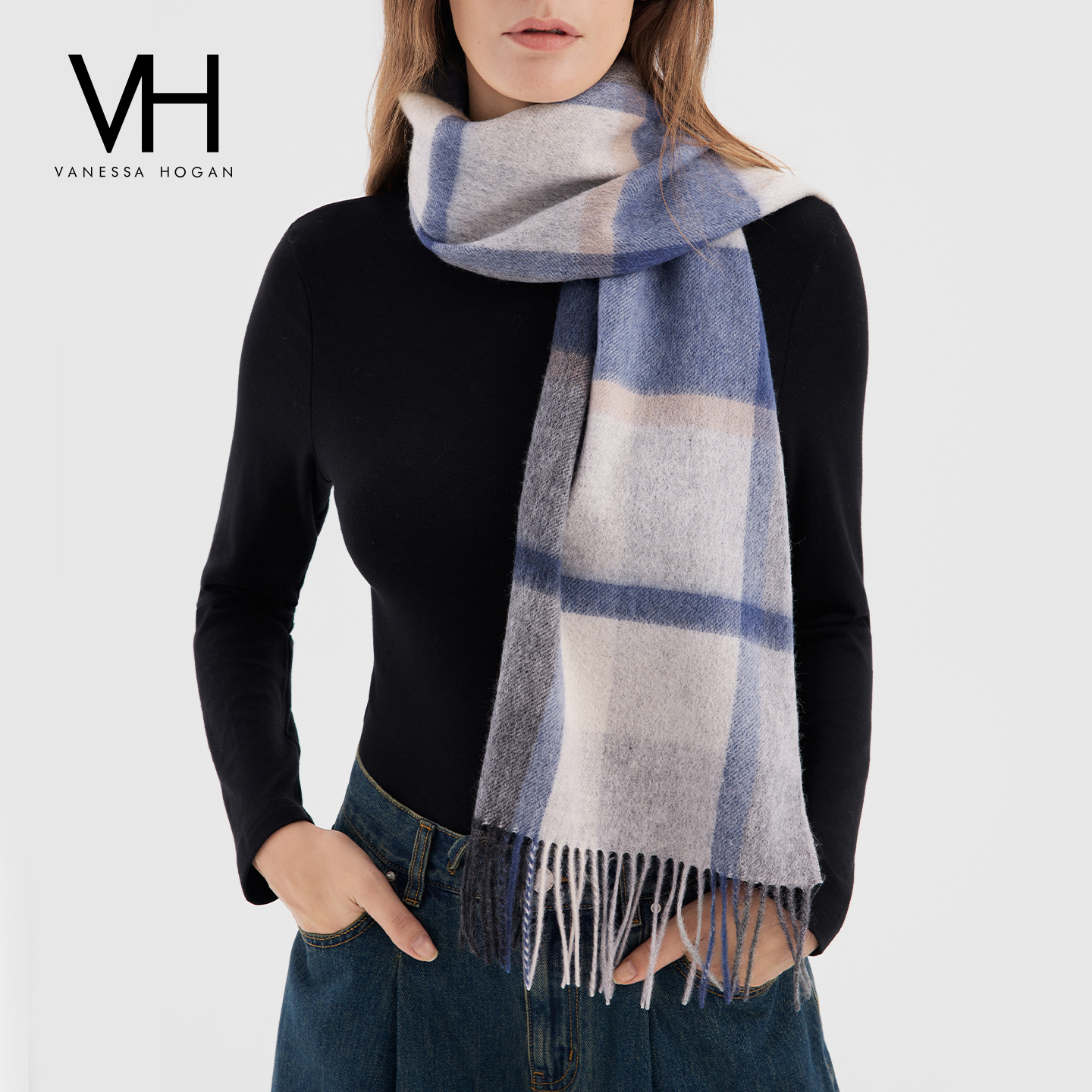 VH品牌流苏格纹围巾秋冬新款100%羊毛格子围巾披肩柔软蓬松围脖