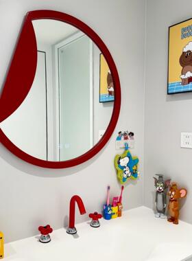 网红橡木实木洗手台厕所触控带灯除雾创意壁挂免打孔红色月亮镜子