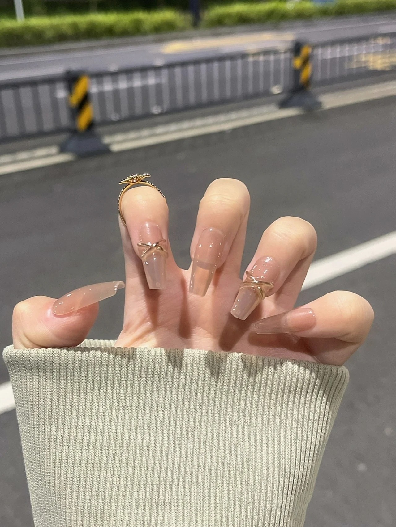 手工光疗美甲简约风冰透色穿戴甲绑带新梯型简单款假指甲贴片长款