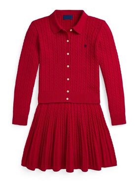 女童春装polo领小马标针织开衫百褶裙套装女孩表演礼服红色毛衣棉