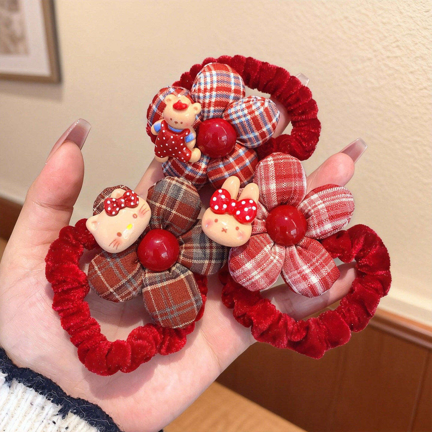 KT猫儿童发圈女童秋冬红色发绳头饰女孩高弹力不伤发新年皮筋发饰