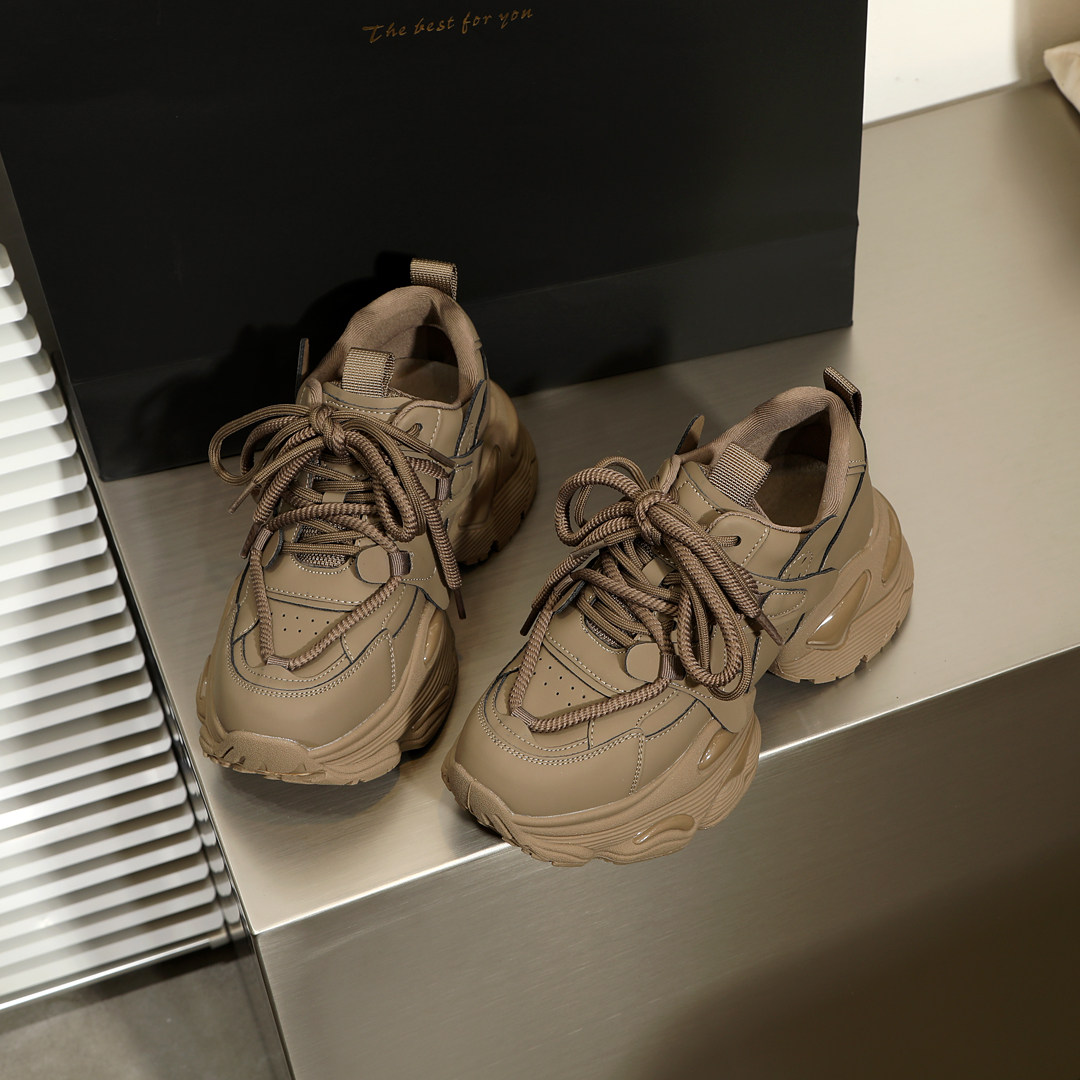 真皮老爹鞋女秋冬美拉德风复古咖色增高休闲女鞋深口厚底运动鞋子