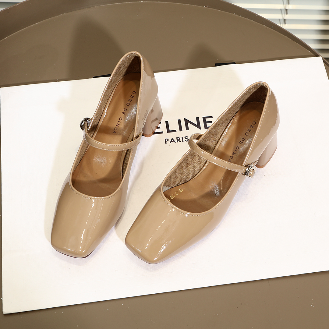 舒适软皮粗跟一字扣带玛丽珍单鞋