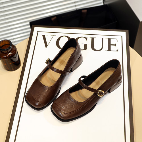 舒适软皮~复古一字带玛丽珍鞋女