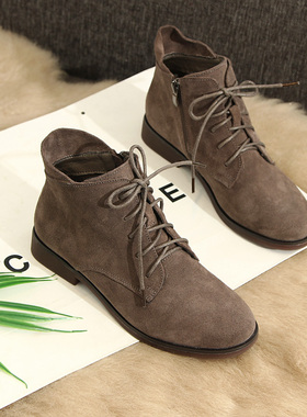 ins马丁靴女英伦风舒适软底磨砂真皮平底短靴复古灰色绑带及踝靴