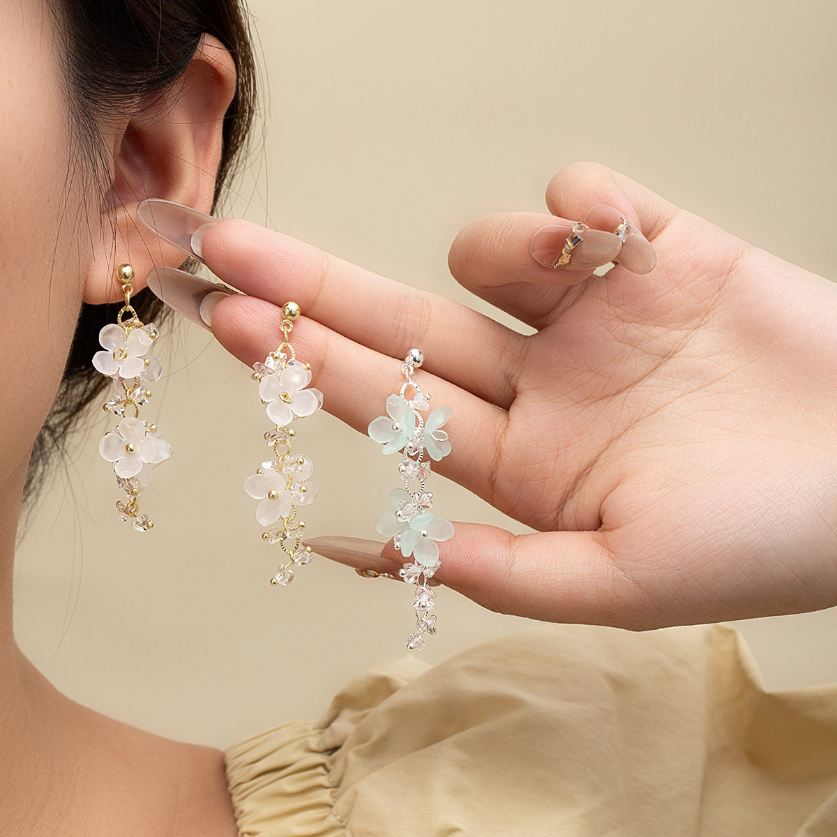 银针绝美铃兰花流苏温柔耳坠长款超仙花朵海边度假风甜美气质