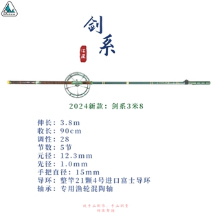 2024新款剑系3米8无聊手作盘车鱼竿纯手工竿超轻超硬溪流冲钓鱼竿
