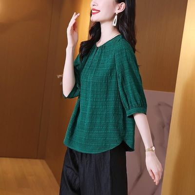 2025夏季新款冠乐绉时尚雪纺上衣女圆领短袖气质小衫小个子小衫