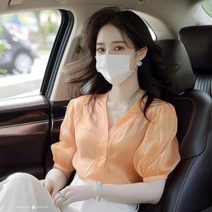 橘黄色泡泡袖衬衫2026新款女装夏季短袖今年流行漂亮欧货小衫爆款