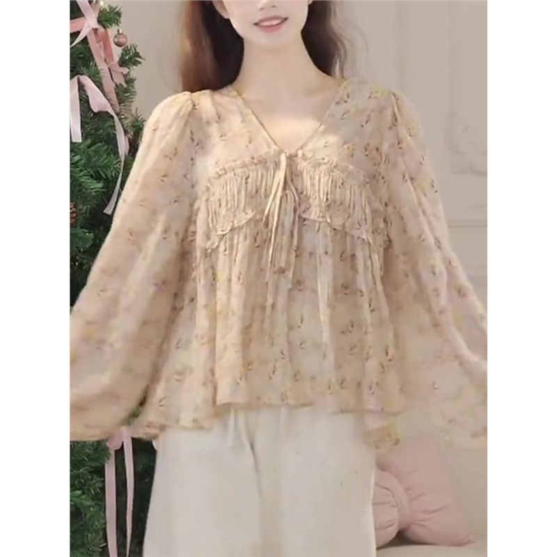 碎花V领雪纺衫春夏女上衣