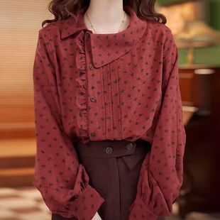 复古红色衬衫女士2026秋冬季新款时尚洋气宽松休闲显瘦设计感上衣