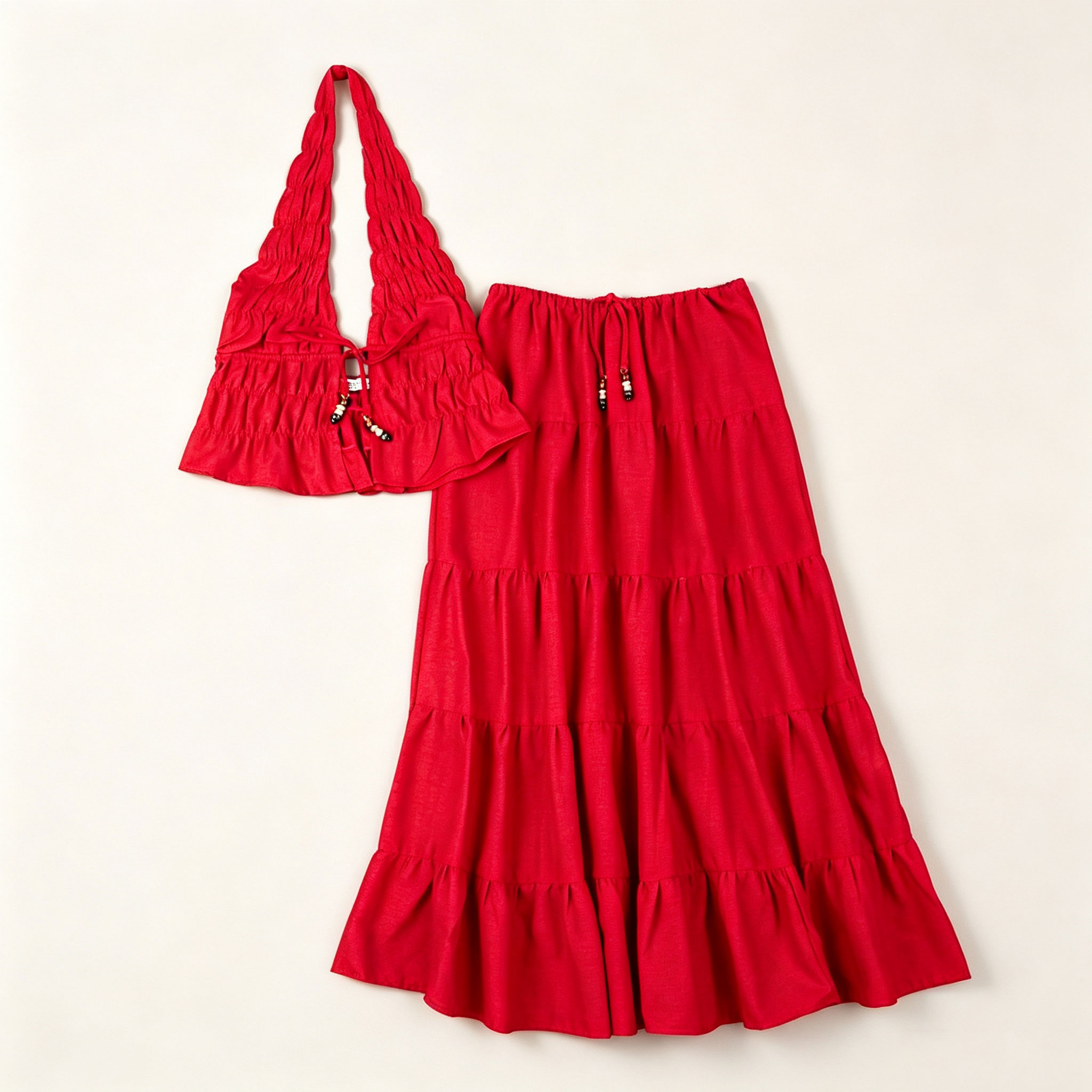 夏季西班牙度假红挂脖蛋糕裙套装