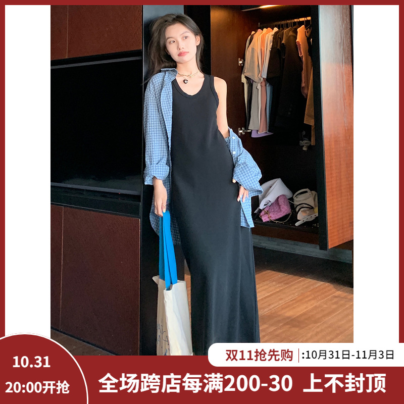 气质黑色背心裙女夏季中长款显瘦垂坠感无袖连衣裙打底内搭长裙子