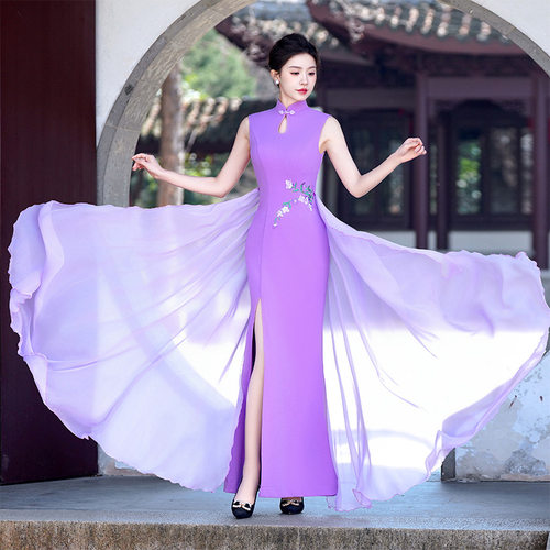 走秀旗袍高档刺绣花朵大飘纱礼仪气质修身形体模特T台舞台演出服