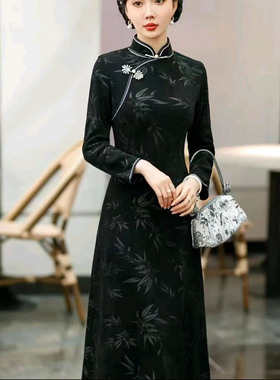 衣长112秋冬加厚A摆显瘦灯芯绒小黑裙改良旗袍气质国风黑色