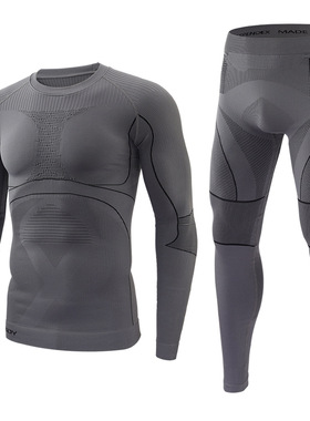 户外新款无痕运动内衣套装 男黑色长袖紧身训练保暖内衣圆领灰色