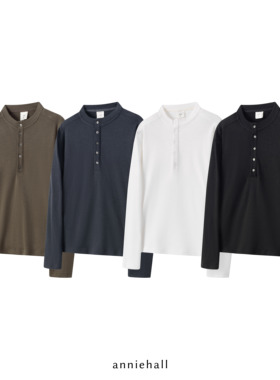 Anniehall25ss Henley shirt亨利领针织布料复古竹节棉纽扣长袖T