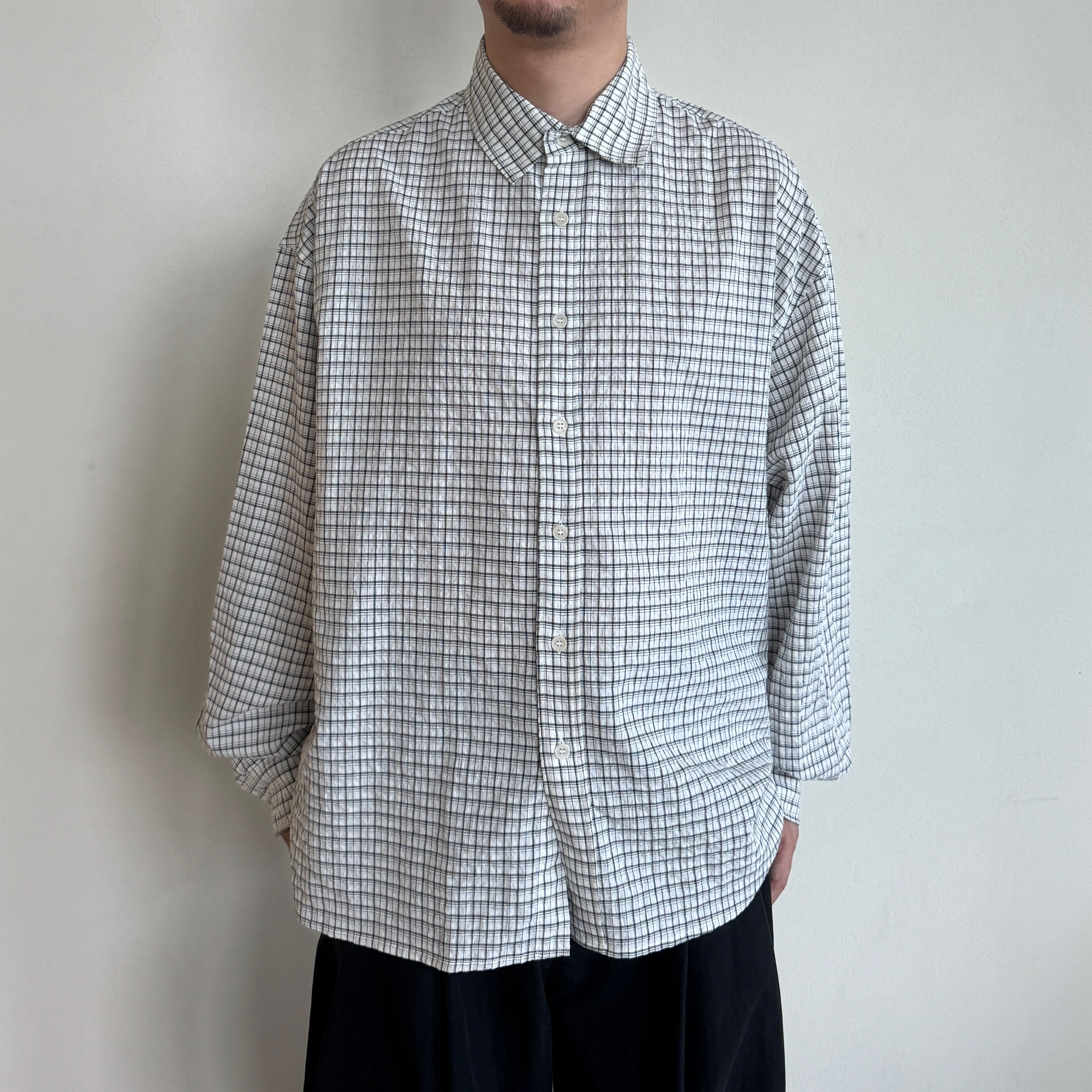 Anniehall25fw 泡泡棉混纺质感boxy裁剪廓形格子长袖衬衫