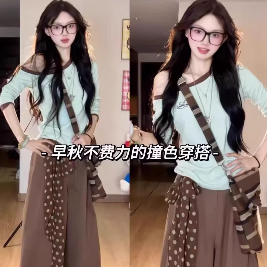 秋季外出哺乳衣套装时尚T恤斜肩上衣休闲裤喂奶衣产后嫩妈两件套