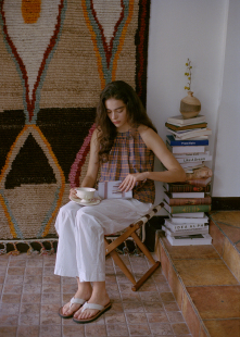 松弛感真丝棉文艺格纹弧形挂脖背心 南法度假 限量 Mannee慢呢