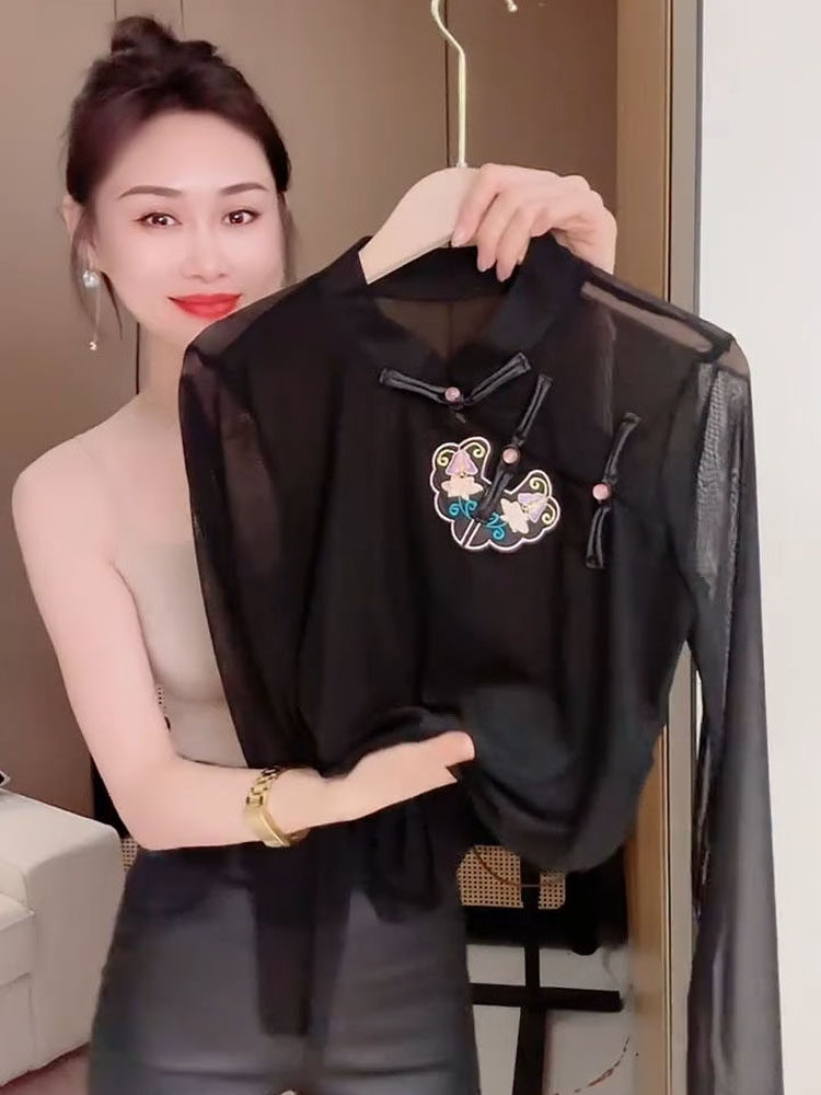 复古新中式旗袍领薄款网纱长袖T恤女早秋显瘦黑色小衫内搭打底衫