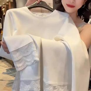 欧货圆领蕾丝拼接纯棉中长款 内搭上衣 T恤女秋冬新宽松遮臀打底衫