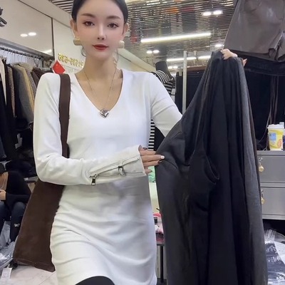 欧洲站v领中长款长袖纯棉打底衫