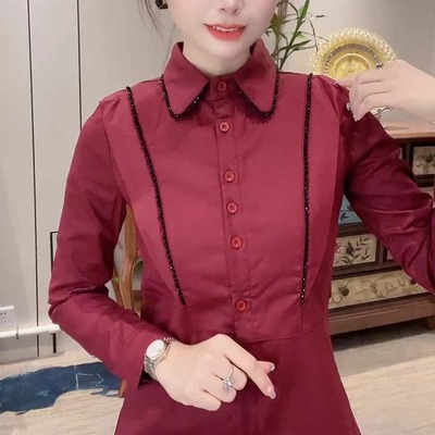 法式穿珠翻领长袖加厚加绒衬衫女