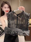 波点雪纺衫 2025年夏季 无袖 薄款 女宽松百搭木耳边宽松上衣黑色 新款