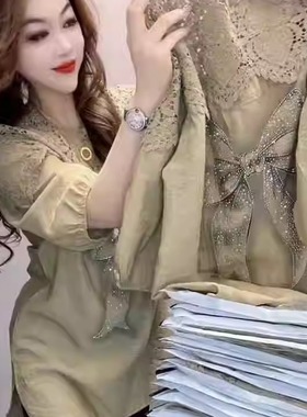 欧洲站蕾丝拼接冰丝棉中长款衬衫女夏季薄款透气大码遮臀上衣黑色