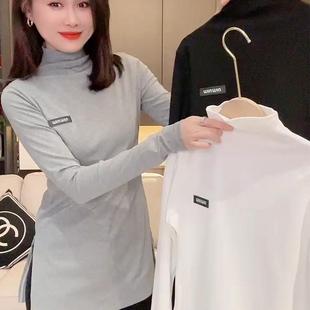 T恤女秋冬宽松遮肉百搭打底衫 长袖 开叉黑上衣 纯棉中长款 欧货新款