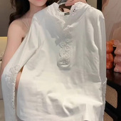 百搭气质上衣白色打底衫 韩版 新款 t恤女春季 连帽蕾丝拼接纯棉长袖