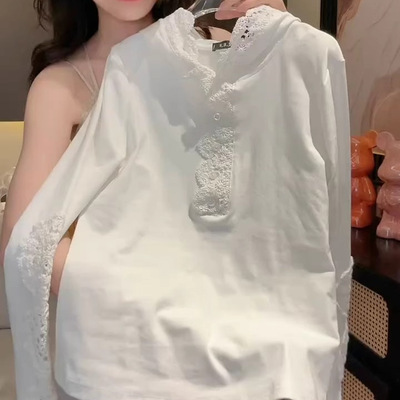 韩版连帽蕾丝拼接纯棉长袖t恤女