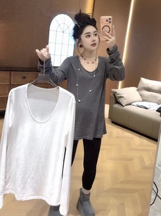 欧货大u领长袖纯棉T恤遮屁股中长款打底衣女内搭高级感可外穿洋气