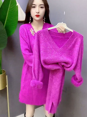 中长款针织衫女秋冬加厚高领毛衣