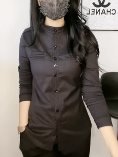秋冬保暖加厚加绒衬衫女立领休闲职业长袖纯棉叠穿衬衣黑色上衣潮