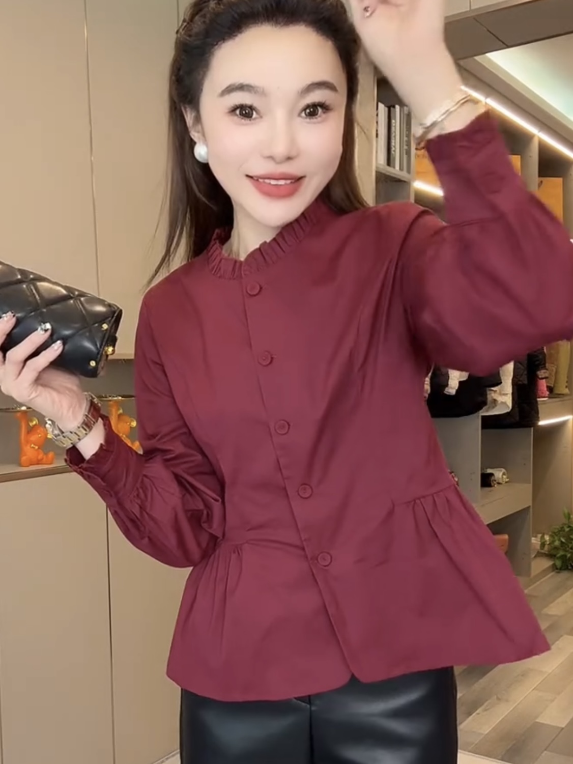 木耳边立领收腰显瘦纯棉长袖衬衫