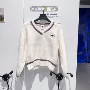 阿迪达斯三叶草女子25年千鸟格毛绒V领针织衫毛衣KC2687 KS5985