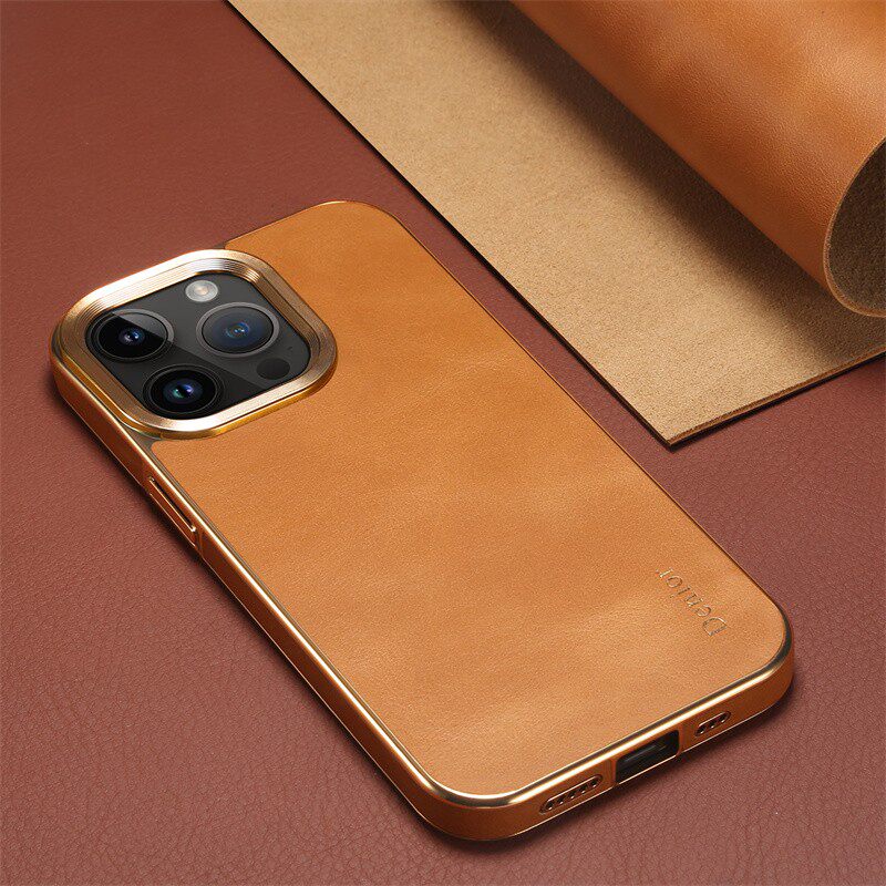 纯皮适用苹果16/15壳iPhone16pro max真皮套iPhone14/15ro新款后盖电镀金色边框12/13保护壳头层牛皮皮夹