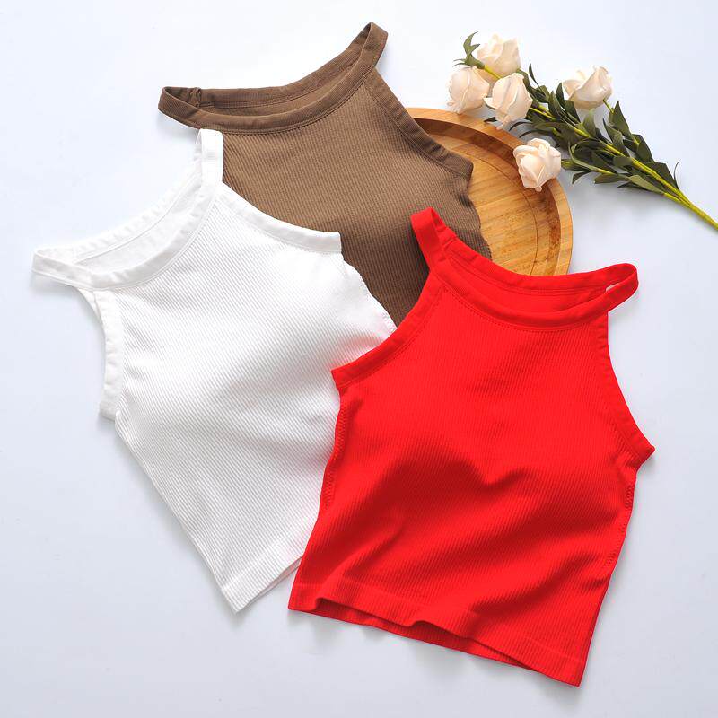 露肩螺纹棉质吊带背心女一体式带胸垫酒红色内搭无袖上衣可外穿短