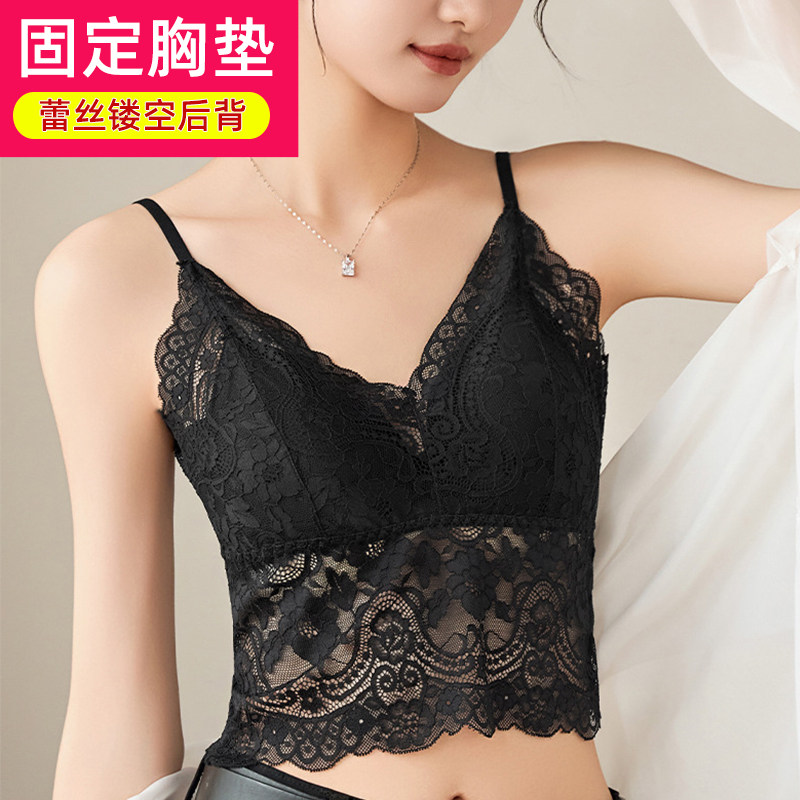 蕾丝一体式性感美背吊带背心可调节V领黑色内搭抹胸上衣带胸垫夏
