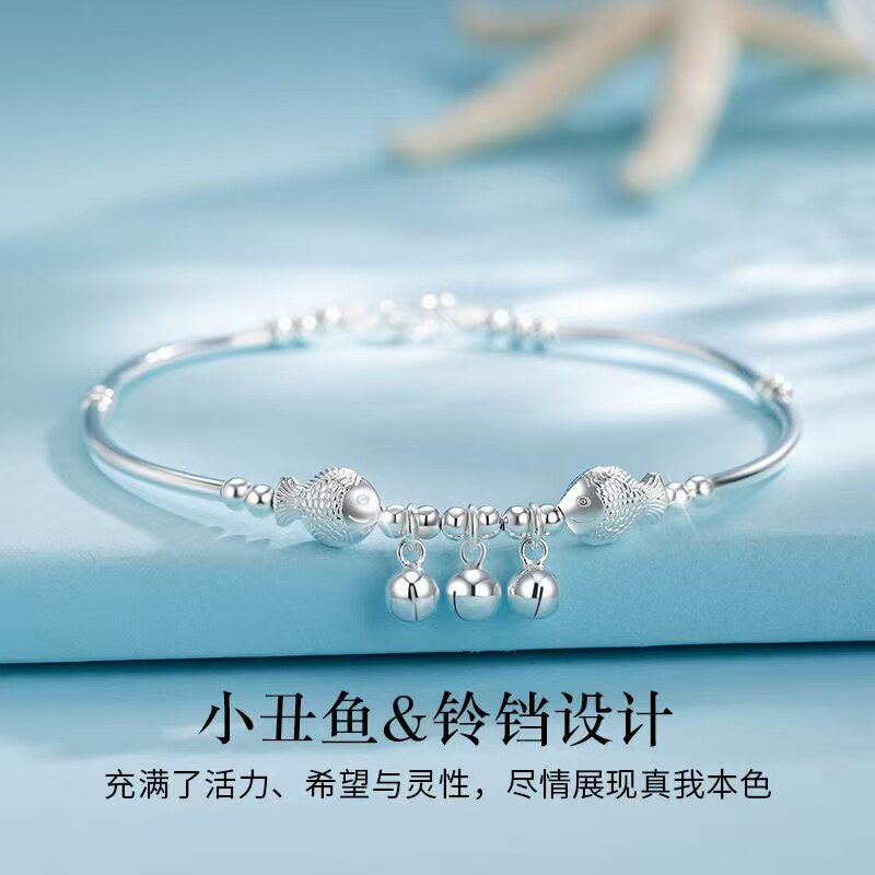 足银990亲嘴鱼脚链女款纯银铃铛小丑鱼弯管脚环新款送女闺蜜礼物